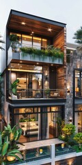 Modern Townhouse Exterior Design with Balcony and Pool