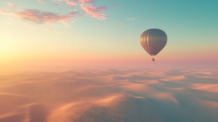  Hot air balloon flying over desert landscape during sunrise/sunset with scattered clouds