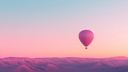 Fototapeta premium A hot air balloon soars above a majestic mountain range, framed by a vibrant pink and blue sky
