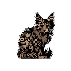 Vector Abstract patchwork Maine Coon cat, Art Nouveau, on white background, bold lines, flat design, simple shapes, geometric patterns.
