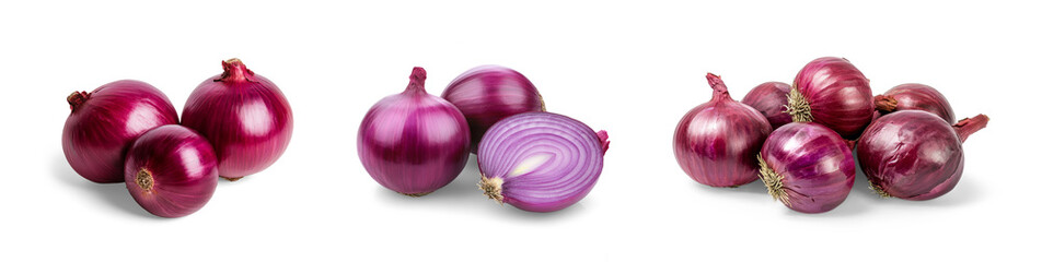 Three different types of red onions, isolated on white background