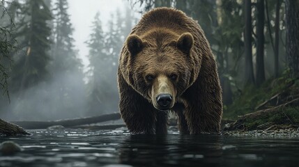 Obraz premium Brown bear in forest by lake with tree backdrop