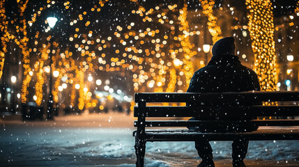 Christmas winter loneliness, a person sits alone in a winter park surrounded by Christmas lights, reflecting on sadness and isolation. Image made using Generative AI