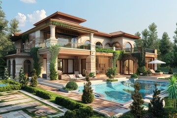 Fototapeta premium Luxury Mansion with Exquisite Garden and Swimming Pool