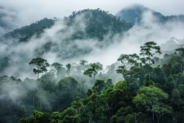 A dense forest with a thick fog covering the trees, generative ai image