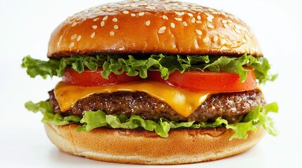   A cheeseburger with lettuce, tomato on a sesame seed bun against a white backdrop