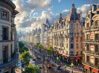 Naklejka premium European City Street Scene Illustration