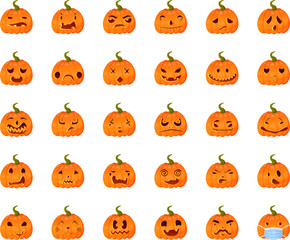 Set of different Jack-o-lanterns pumpkin face expression silhouettes. Halloween party pumpkin carving. Stock vector illustration isolated on white background in flat cartoon style.