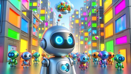 Bright Futuristic City with Shiny Silver Robot in city with Neon Lights: Colorful Daydream in a 3D Cartoon World