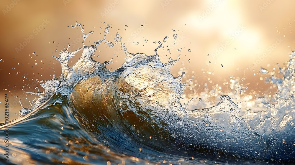Poster close-up of a wave with splashing water and a blurry background