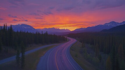 Fototapeta premium A quiet highway at sunset, with vibrant orange and purple hues in the sky, winding through a forested area with distant mountains.