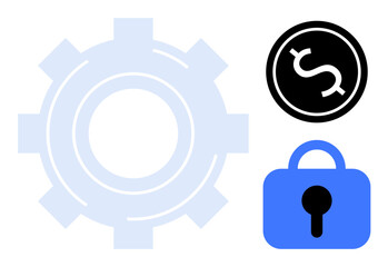 Gear symbol next to a dollar sign and lock. Ideal for security, finance, technology, business, and industry themes. Clean, modern style with blue, black, and white colours