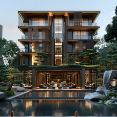 Fototapeta premium Modern Japanese Style Apartment Building with Garden and Pool