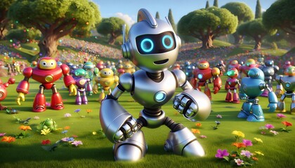 A 3D small silver robot with Colorful Robots Planting Trees and Flowers in a Vibrant, Playful City Scene. A robot loves nature, plants, seeds, flowers, gardens, gardening HD cartoon background.