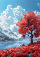Vibrant Autumnal Mountain Lake Landscape Illustration
