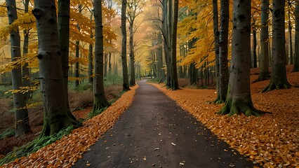 Naklejka premium Scenic Forest Path Covered in Autumn Leaves: Peaceful Fall Walk Through Nature