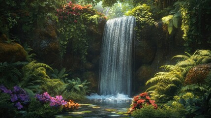 Fototapeta premium A serene, mystical waterfall hidden within a lush green landscape, surrounded by ferns, moss-covered rocks, and vibrant foliage.