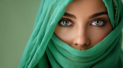 Naklejka premium Beautiful woman with piercing eyes wears a green headscarf, emphasizing cultural beauty, modesty, and elegance in a soft, close-up portrait.