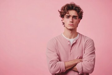 Fototapeta premium a man with his arms crossed standing in front of a pink background