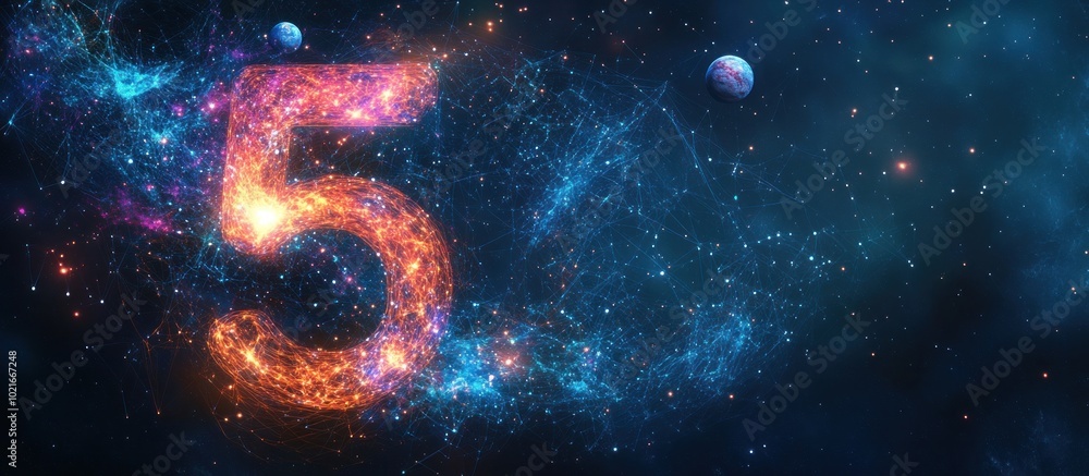 Poster abstract image of a number five in the form of a starry sky or space, consisting of points