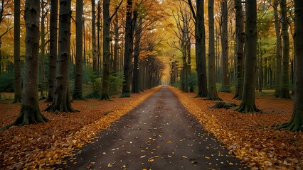 Obraz premium Scenic Forest Path Covered in Autumn Leaves: Peaceful Fall Walk Through Nature