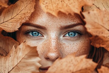 Autumn Beauty: Freckled Woman Amidst Leaves