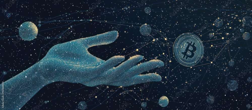 Poster abstract image of a hand with dollar coin in the form of a starry sky or space, consisting