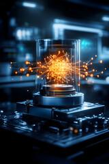 futuristic quantum computing technology concept. blue and orange color
