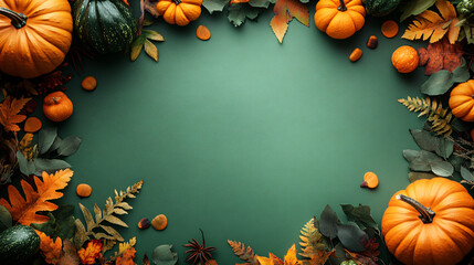 Frame with pumpkins and autumn leaves on a green  background. Design banner template for autumn cards, halloween, harvest thanksgiving day or Halloween concept  with place for text