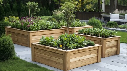 Wooden raised bed with vegetables and herbs in the garden, home vegetable planters for small spaces