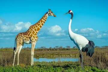 Naklejka premium Majestic Giraffe Towering Crane in a Vibrant Landscape