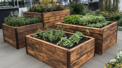 Wooden raised bed with vegetables and herbs in the garden, home vegetable planters for small spaces