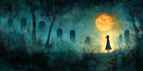 Obraz premium A young girl confronts her fears in a dark and mysterious forest.