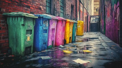 Fototapeta premium Colorful Trash Bins in Urban Alley.