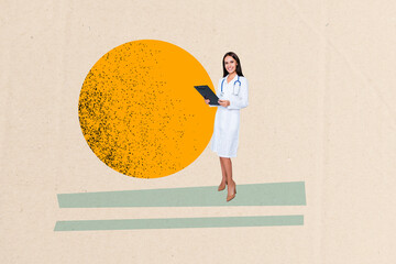 Composite artwork collage image picture of doctor girl clipboard isolated on creative background