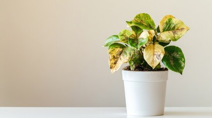 Fototapeta premium Indoor plant with faded and spotted leaves in a minimalist white pot, isolated on a bright background, symbolizing pest infestation or improper care.