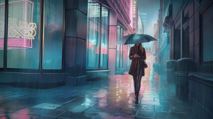 woman walking in the rain with umbrella on city street