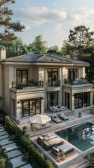 Fototapeta premium Luxury Mansion Exterior with Pool and Patio