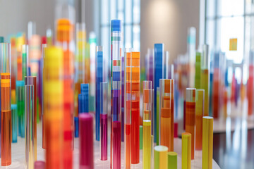 Obraz premium Vibrant translucent bars of different heights arranged in an interactive exhibit with colorful data visualizations 