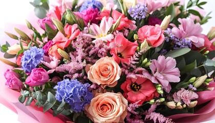 A vibrant bouquet featuring mixed flowers in shades of pink, purple, and blue, perfect for any special occasion.