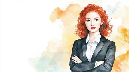 Adult Chinese Woman with Red Curly Hair watercolor illustration.