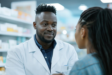 Pharmacist discussing medication with female customer in pharmacy aisle