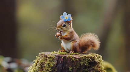 Fototapeta premium A squirrel with a blue flower on its head perched atop a tree stump in the heart of the forest