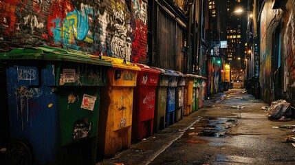 Multiple colorful trash bins lined up in a busy alley, with gritty city textures and graffiti in the background.