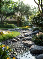 Digital Illustration of a Serene Garden Stream