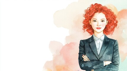 Naklejka premium Adult Chinese Woman with Red Curly Hair watercolor illustration.