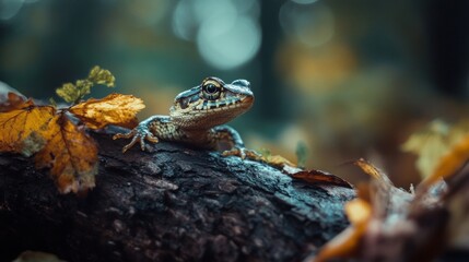 Naklejka premium A small frog perched on a mossy log surrounded by vibrant autumn leaves in a tranquil forest setting