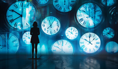 A person stands silhouetted in front of large clocks in a mysterious, surreal environment with a blue-toned atmosphere, evoking a sense of time travel.
