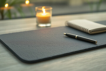 Fototapeta premium Minimalist workspace setup with a pen, notebook, and a lit candle, creating a calm and peaceful atmosphere for writing or journaling
