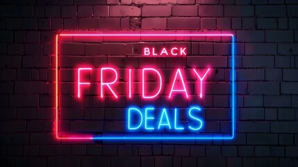 Obraz premium Multicolor Neon 'BLACK FRIDAY DEALS' Sign on a Brick Wall